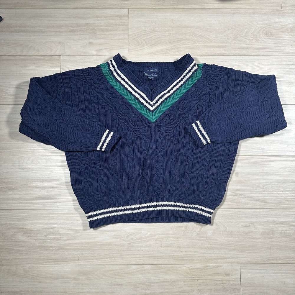 Vintage Gant Sweater Mens Blue Hand Framed 100% Cotton Cable Knit Size Large